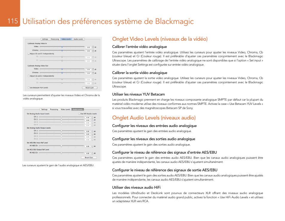 Utilisation des préférences système de blackmagic, Onglet video levels (niveaux de la vidéo), Onglet audio levels (niveaux audio) | Blackmagic Design DeckLink Studio 4K Capture & Playback Card User Manual | Page 115 / 295