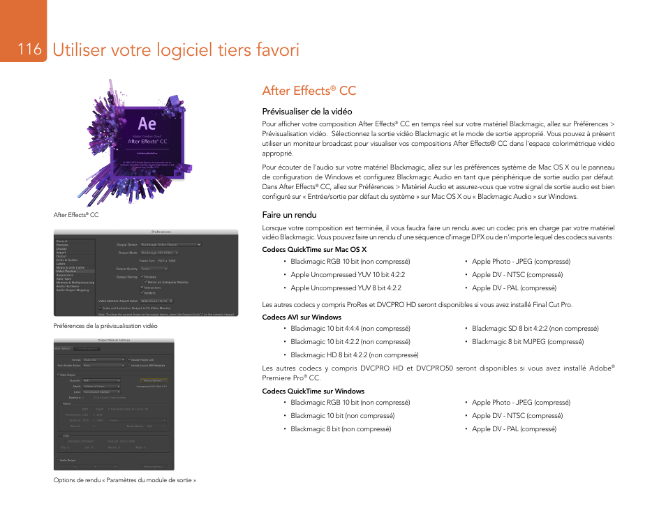 Utiliser votre logiciel tiers favori, After effects® cc, After effects | Blackmagic Design DeckLink Studio 4K Capture & Playback Card User Manual | Page 116 / 295