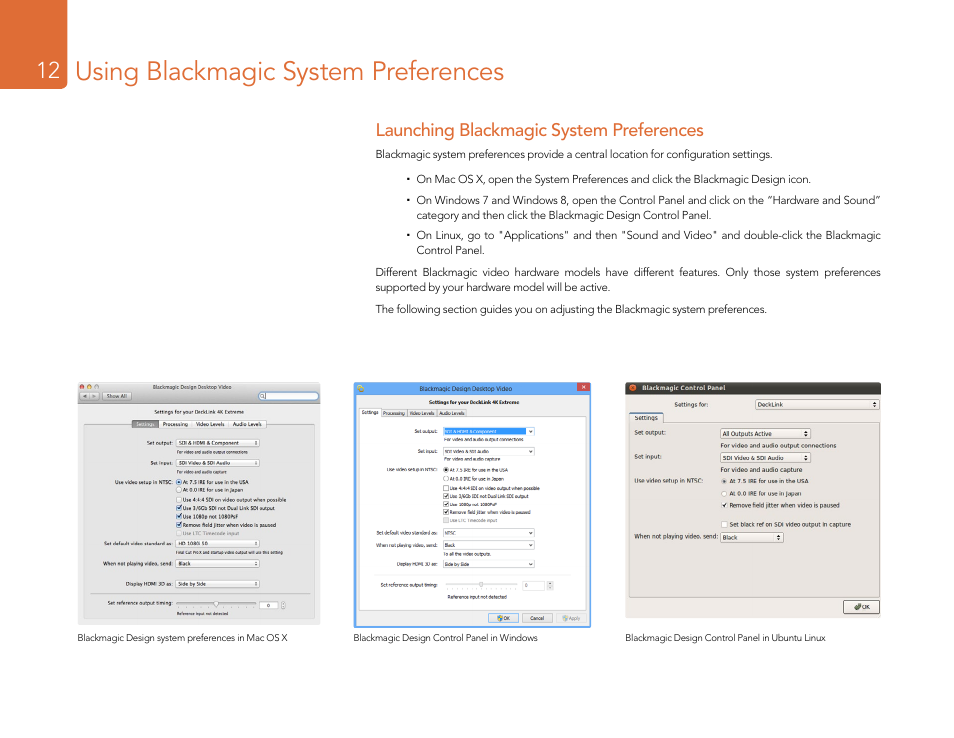 Using blackmagic system preferences, Launching blackmagic system preferences | Blackmagic Design DeckLink Studio 4K Capture & Playback Card User Manual | Page 12 / 295