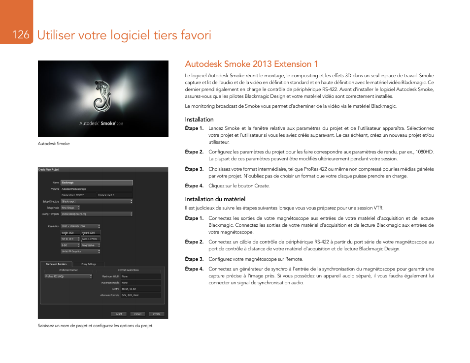 Autodesk smoke 2013 extension 1, Utiliser votre logiciel tiers favori | Blackmagic Design DeckLink Studio 4K Capture & Playback Card User Manual | Page 126 / 295