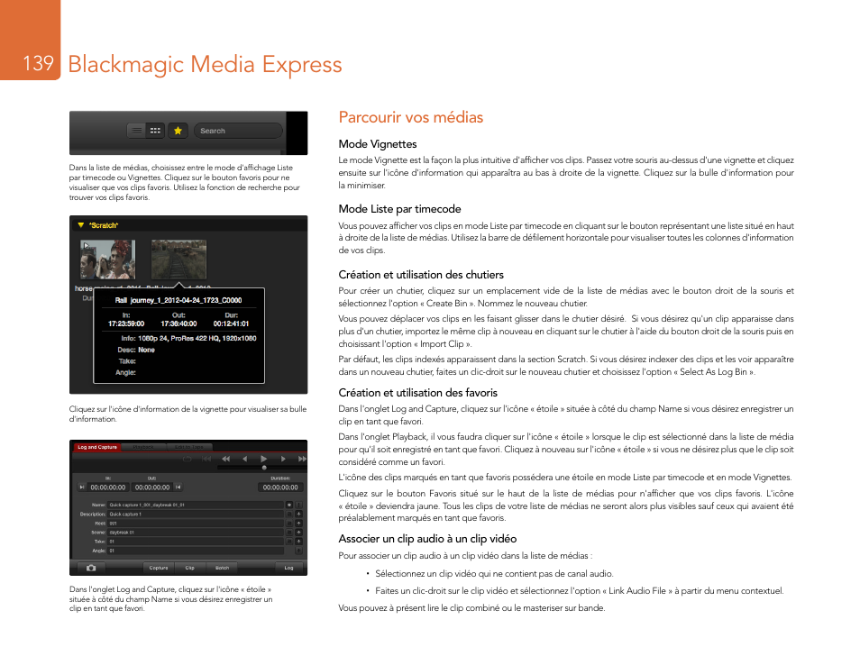 Parcourir vos médias, Blackmagic media express | Blackmagic Design DeckLink Studio 4K Capture & Playback Card User Manual | Page 139 / 295