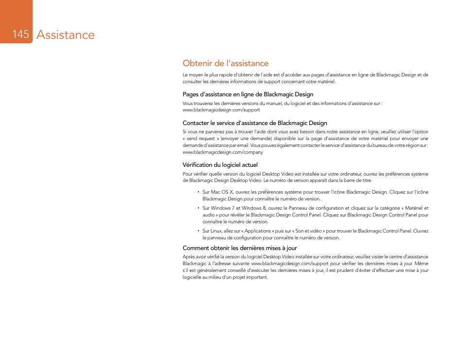 Assistance, Obtenir de l'assistance | Blackmagic Design DeckLink Studio 4K Capture & Playback Card User Manual | Page 145 / 295
