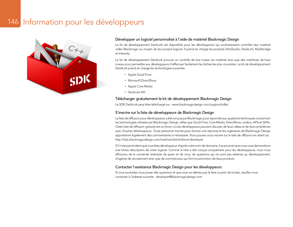 Information sur le développeur, Information pour les développeurs | Blackmagic Design DeckLink Studio 4K Capture & Playback Card User Manual | Page 146 / 295