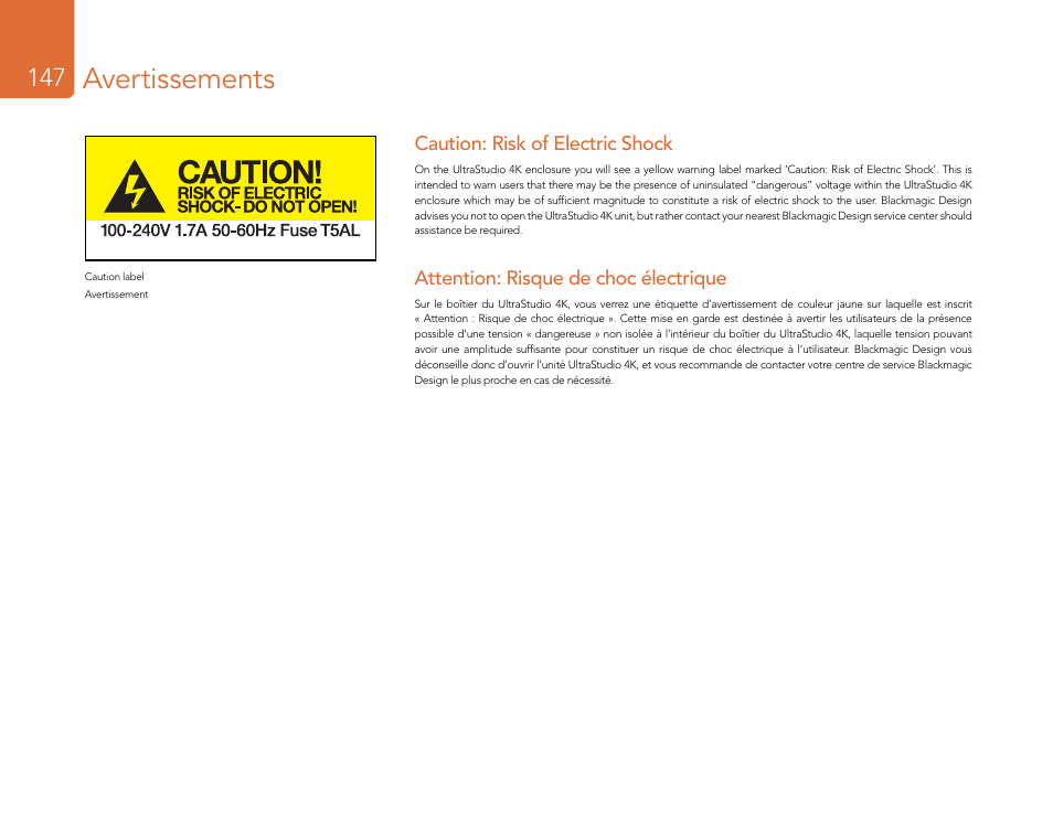 Avertissements | Blackmagic Design DeckLink Studio 4K Capture & Playback Card User Manual | Page 147 / 295