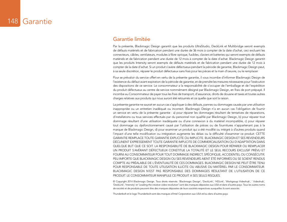 Garantie, Garantie limitée | Blackmagic Design DeckLink Studio 4K Capture & Playback Card User Manual | Page 148 / 295