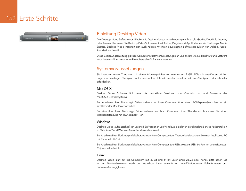 Erste schritte, Einleitung desktop video, Systemvoraussetzungen | Systemvoraussetzungen 152 | Blackmagic Design DeckLink Studio 4K Capture & Playback Card User Manual | Page 152 / 295