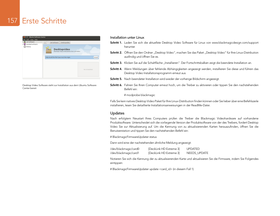 Installation unter linux, Erste schritte | Blackmagic Design DeckLink Studio 4K Capture & Playback Card User Manual | Page 157 / 295