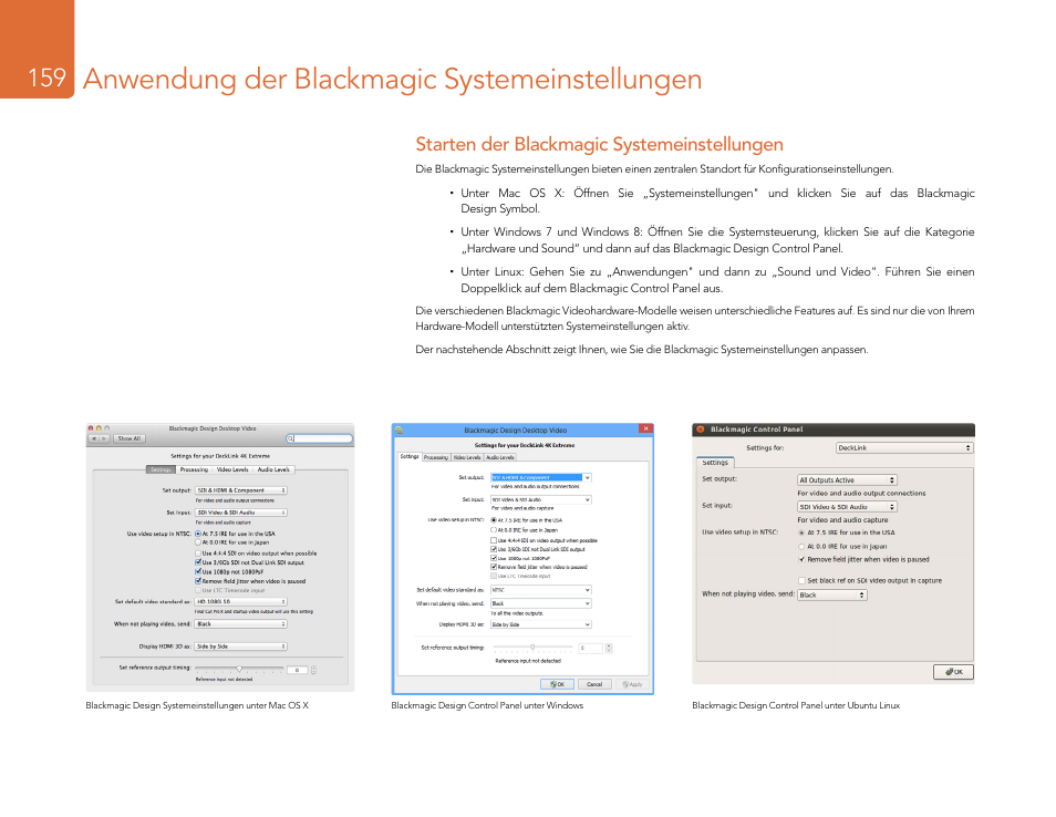 Anwendung der blackmagic systemeinstellungen, Starten der blackmagic systemeinstellungen | Blackmagic Design DeckLink Studio 4K Capture & Playback Card User Manual | Page 159 / 295