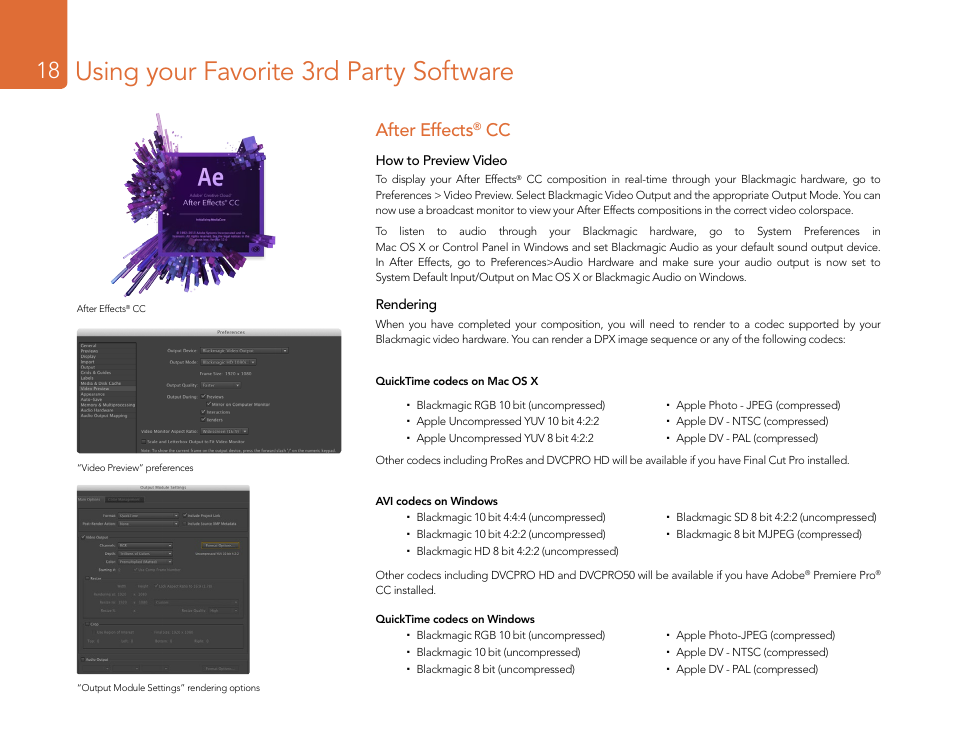 Using your favorite 3rd party software, After effects® cc, After effects | Blackmagic Design DeckLink Studio 4K Capture & Playback Card User Manual | Page 18 / 295