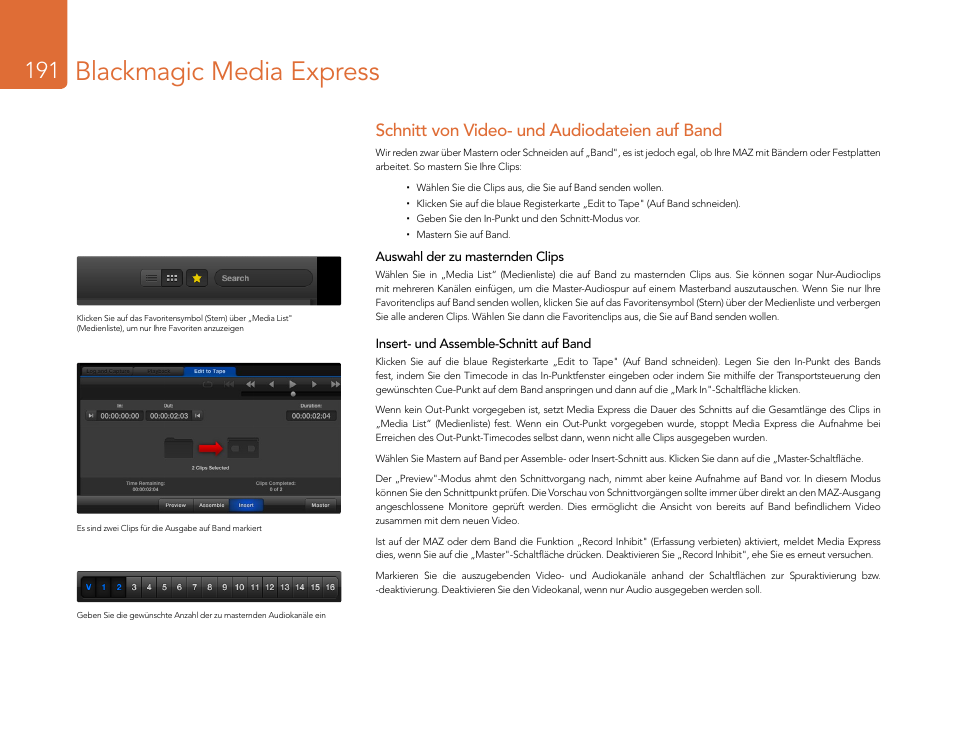 Schnitt von video- und audiodateien auf band, Blackmagic media express | Blackmagic Design DeckLink Studio 4K Capture & Playback Card User Manual | Page 191 / 295