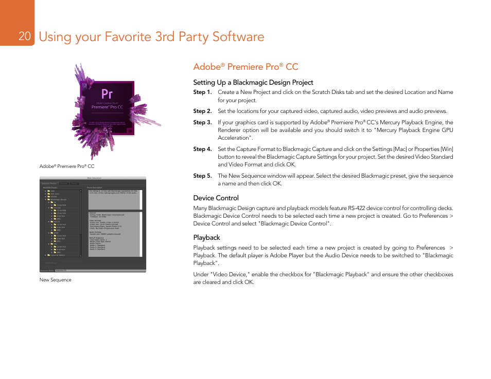 Adobe® premiere pro® cc, Adobe, Premiere pro | Using your favorite 3rd party software | Blackmagic Design DeckLink Studio 4K Capture & Playback Card User Manual | Page 20 / 295