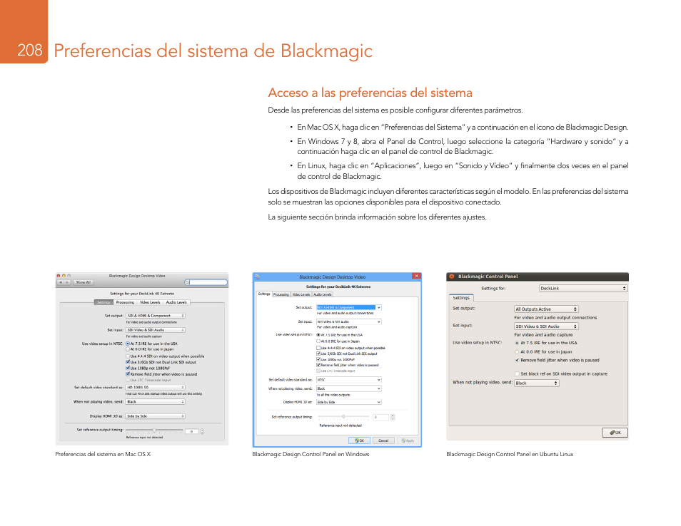 Preferencias del sistema de blackmagic, Acceso a las preferencias del sistema | Blackmagic Design DeckLink Studio 4K Capture & Playback Card User Manual | Page 208 / 295