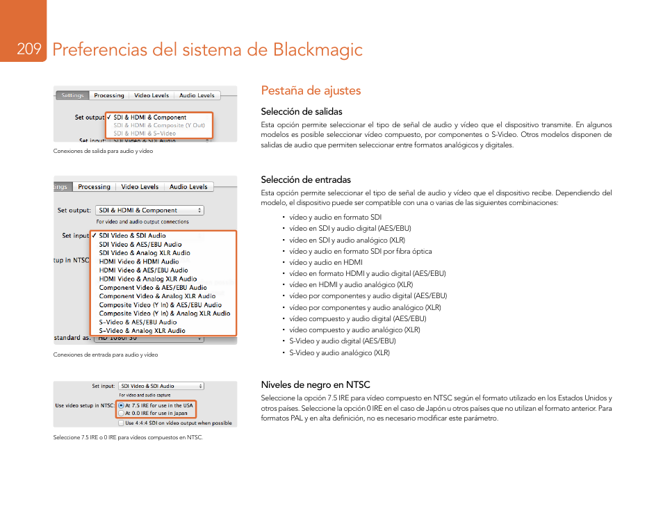 Pestaña de ajustes, Preferencias del sistema de blackmagic | Blackmagic Design DeckLink Studio 4K Capture & Playback Card User Manual | Page 209 / 295