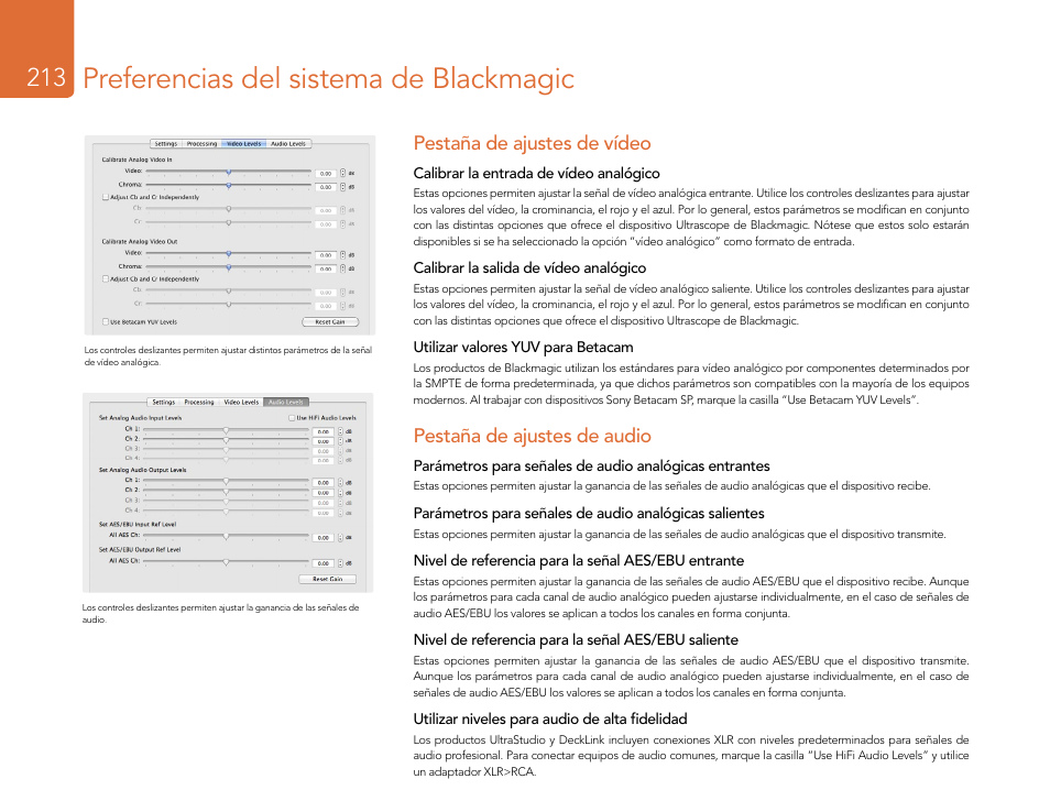 Preferencias del sistema de blackmagic, Pestaña de ajustes de vídeo, Pestaña de ajustes de audio | Blackmagic Design DeckLink Studio 4K Capture & Playback Card User Manual | Page 213 / 295