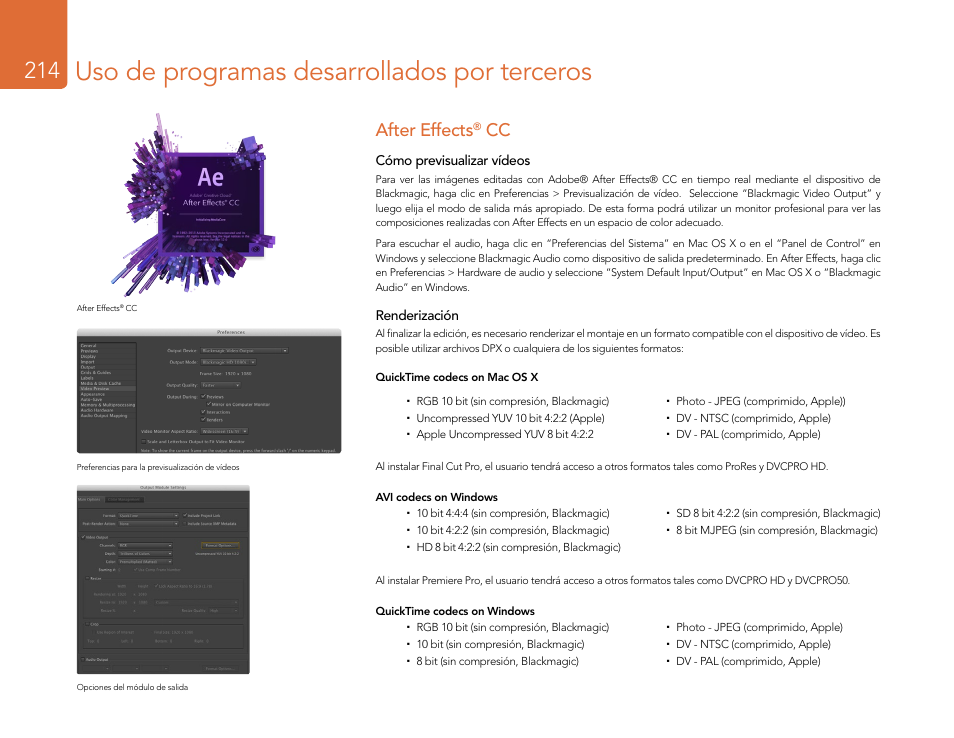 Uso de programas desarrollados por terceros, After effects® cc, After effects | Blackmagic Design DeckLink Studio 4K Capture & Playback Card User Manual | Page 214 / 295