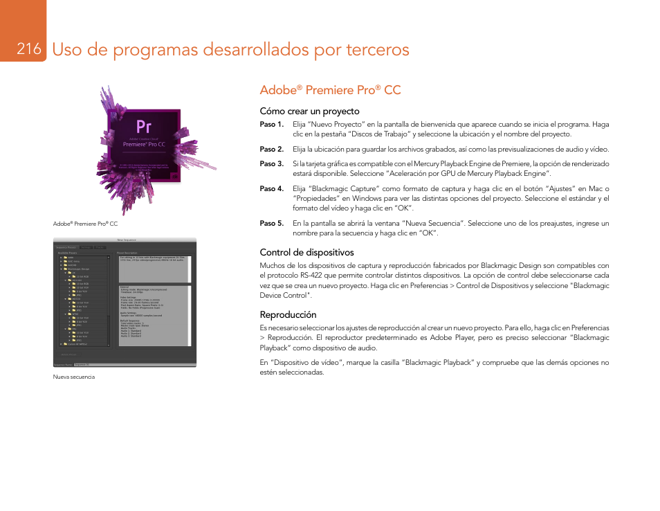 Adobe® premiere pro® cc, Adobe, Premiere pro | Uso de programas desarrollados por terceros | Blackmagic Design DeckLink Studio 4K Capture & Playback Card User Manual | Page 216 / 295