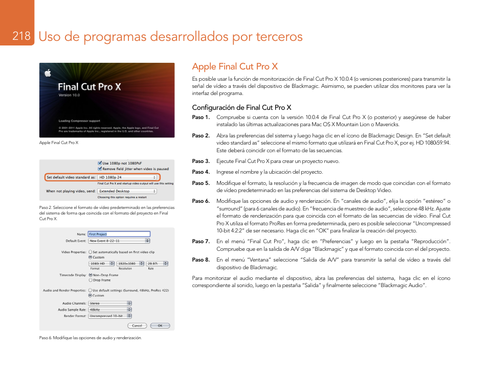 Apple final cut pro x, Uso de programas desarrollados por terceros | Blackmagic Design DeckLink Studio 4K Capture & Playback Card User Manual | Page 218 / 295