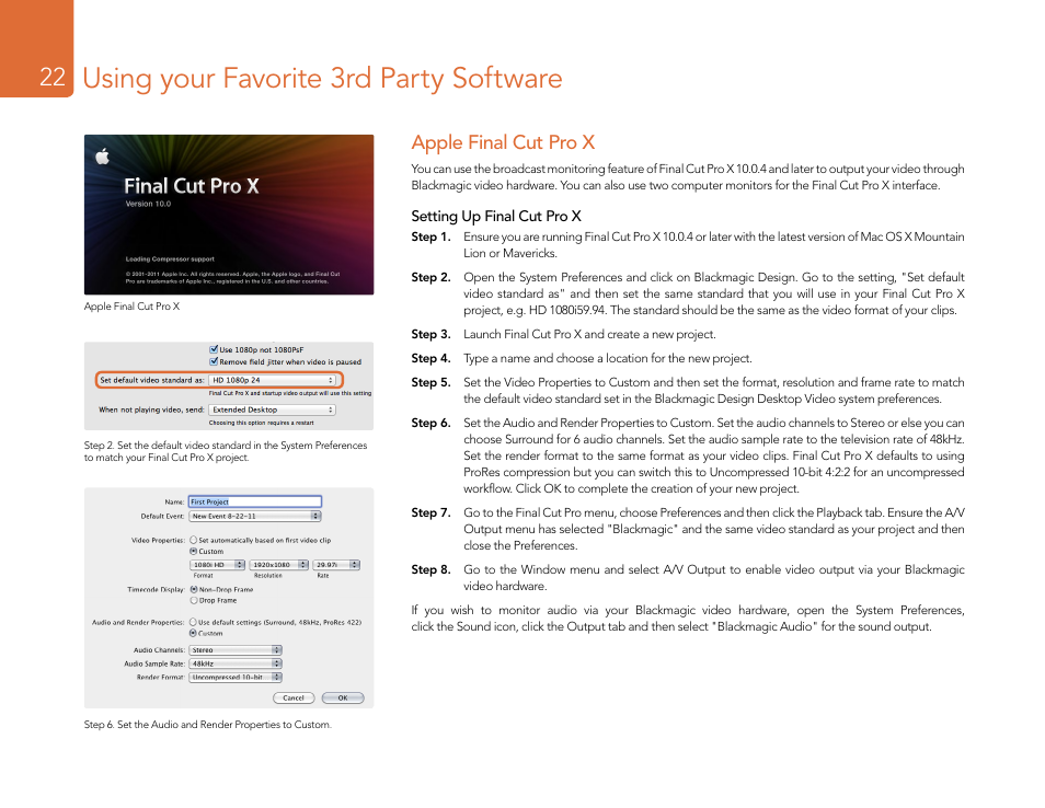 Apple final cut pro x, Using your favorite 3rd party software | Blackmagic Design DeckLink Studio 4K Capture & Playback Card User Manual | Page 22 / 295