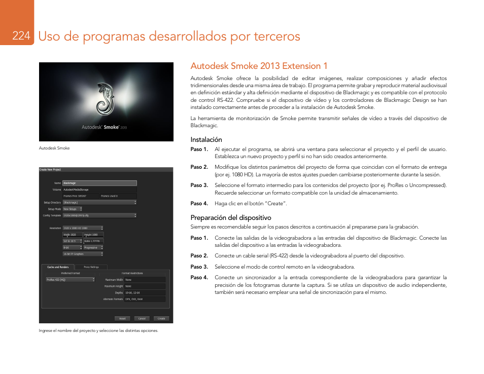 Autodesk smoke 2013 extension 1, Uso de programas desarrollados por terceros | Blackmagic Design DeckLink Studio 4K Capture & Playback Card User Manual | Page 224 / 295