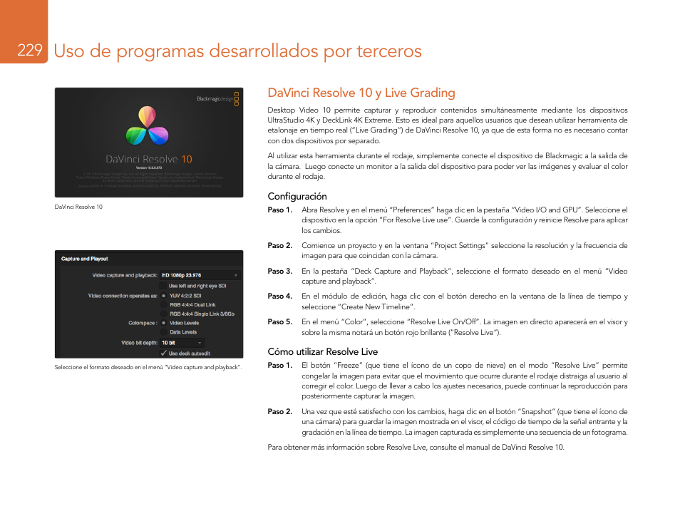 Davinci resolve 10 y live grading, Uso de programas desarrollados por terceros | Blackmagic Design DeckLink Studio 4K Capture & Playback Card User Manual | Page 229 / 295