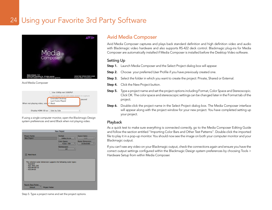 Avid media composer, Using your favorite 3rd party software | Blackmagic Design DeckLink Studio 4K Capture & Playback Card User Manual | Page 24 / 295