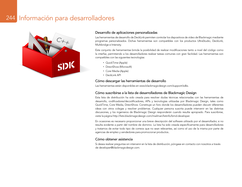 Información para desarrolladores | Blackmagic Design DeckLink Studio 4K Capture & Playback Card User Manual | Page 244 / 295