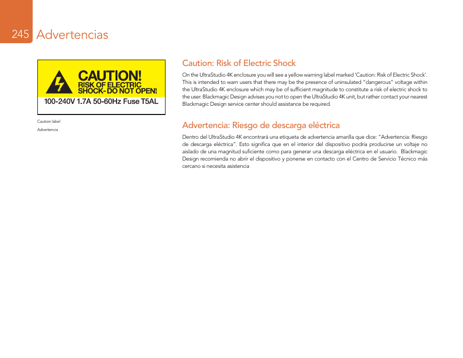 Advertencias, Caution: risk of electric shock, Advertencia: riesgo de descarga eléctrica | Blackmagic Design DeckLink Studio 4K Capture & Playback Card User Manual | Page 245 / 295