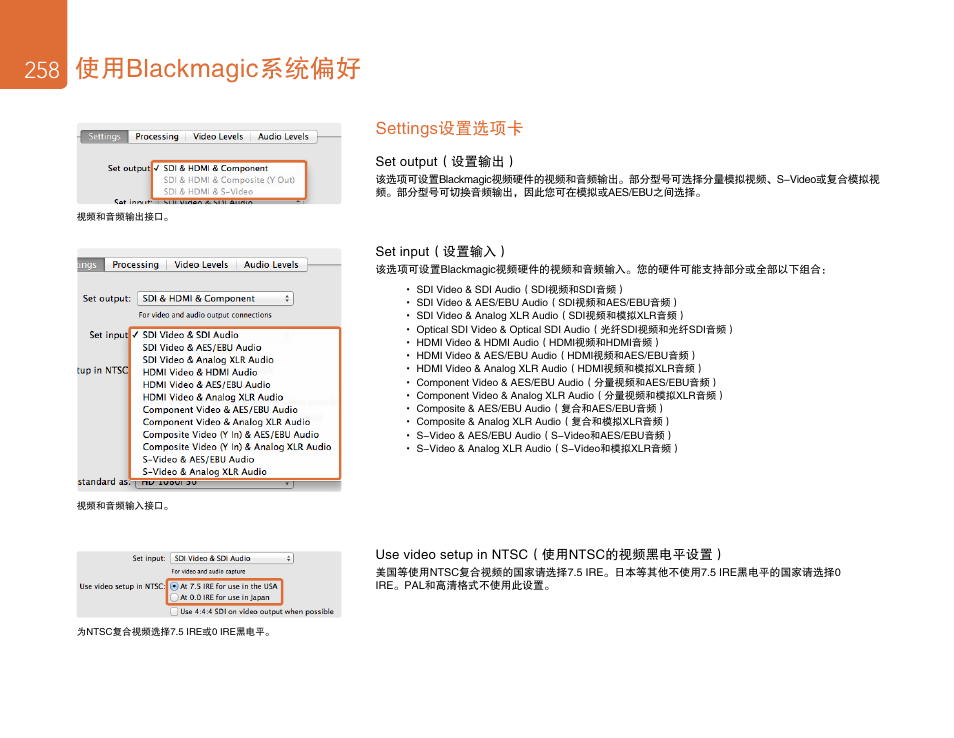 Settings设置选项卡, 使用blackmagic系统偏好 | Blackmagic Design DeckLink Studio 4K Capture & Playback Card User Manual | Page 258 / 295