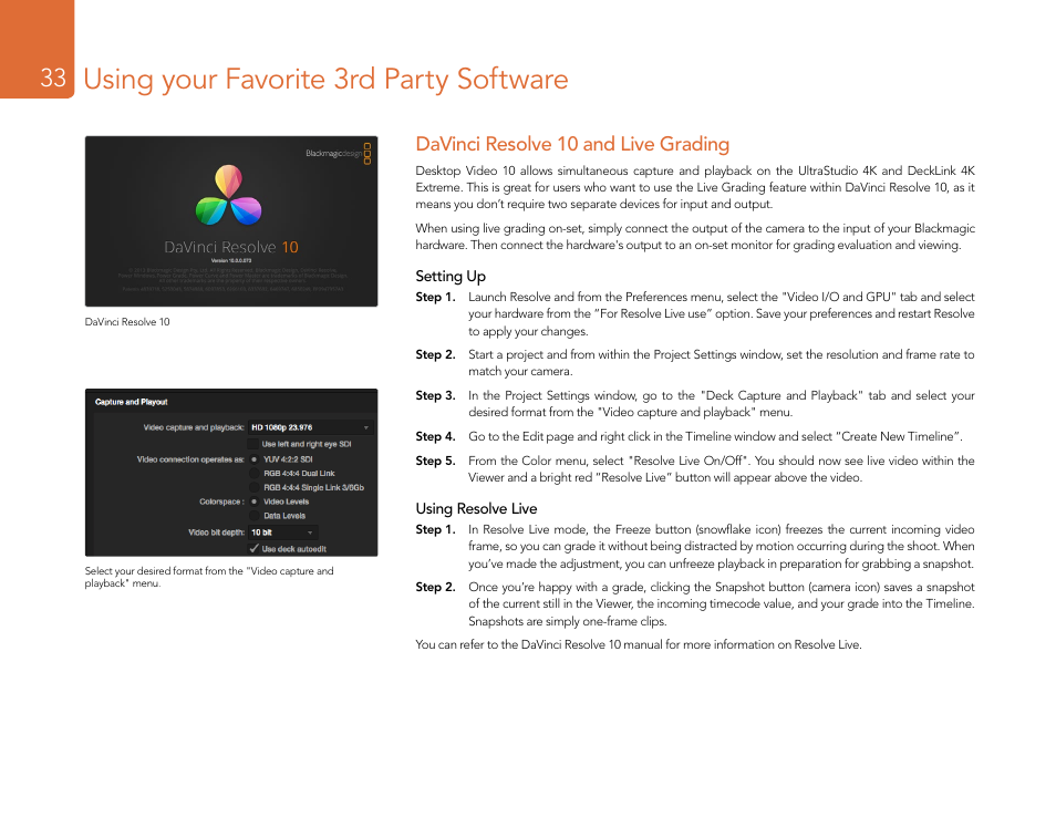 Davinci resolve 10 and live grading, Using your favorite 3rd party software | Blackmagic Design DeckLink Studio 4K Capture & Playback Card User Manual | Page 33 / 295