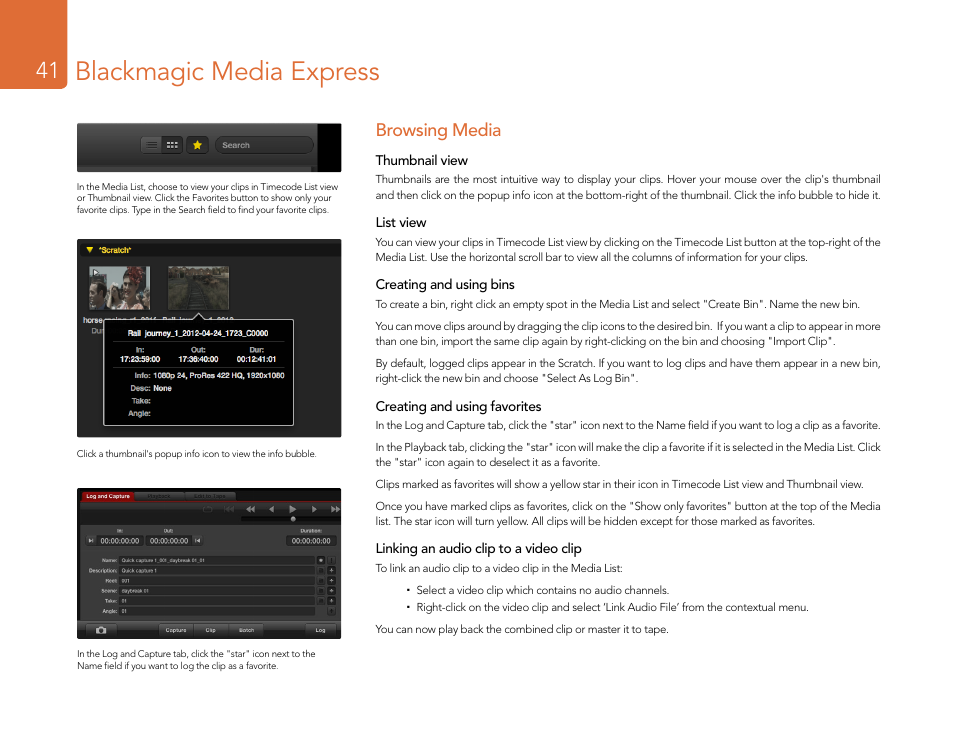 Browsing media, Blackmagic media express | Blackmagic Design DeckLink Studio 4K Capture & Playback Card User Manual | Page 41 / 295