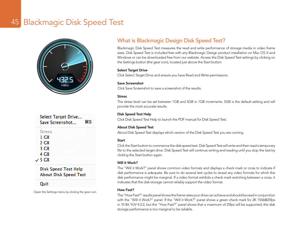 Blackmagic disk speed test, What is blackmagic design disk speed test | Blackmagic Design DeckLink Studio 4K Capture & Playback Card User Manual | Page 45 / 295