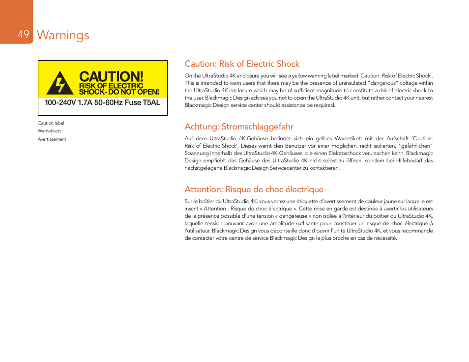 Warnings | Blackmagic Design DeckLink Studio 4K Capture & Playback Card User Manual | Page 49 / 295