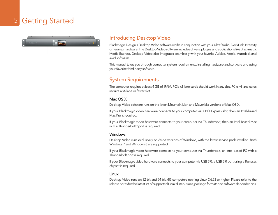 Getting started, Introducing desktop video, System requirements | Blackmagic Design DeckLink Studio 4K Capture & Playback Card User Manual | Page 5 / 295