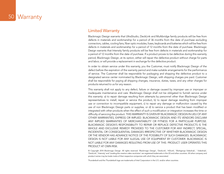 Warranty, Limited warranty | Blackmagic Design DeckLink Studio 4K Capture & Playback Card User Manual | Page 50 / 295