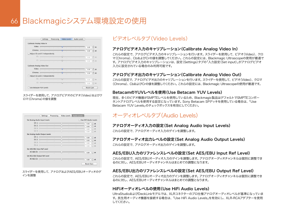 Blackmagicシステム環境設定の使用, オーディオレベルタブ（audio levels, ビデオレベルタブ（video levels | Blackmagic Design DeckLink Studio 4K Capture & Playback Card User Manual | Page 66 / 295