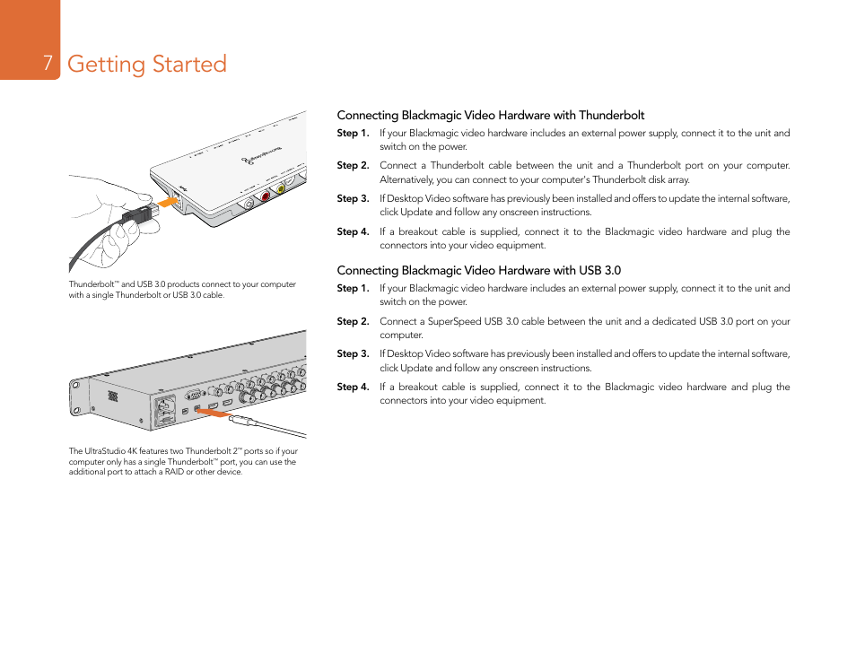 Connecting blackmagic video hardware with usb 3.0, Getting started | Blackmagic Design DeckLink Studio 4K Capture & Playback Card User Manual | Page 7 / 295