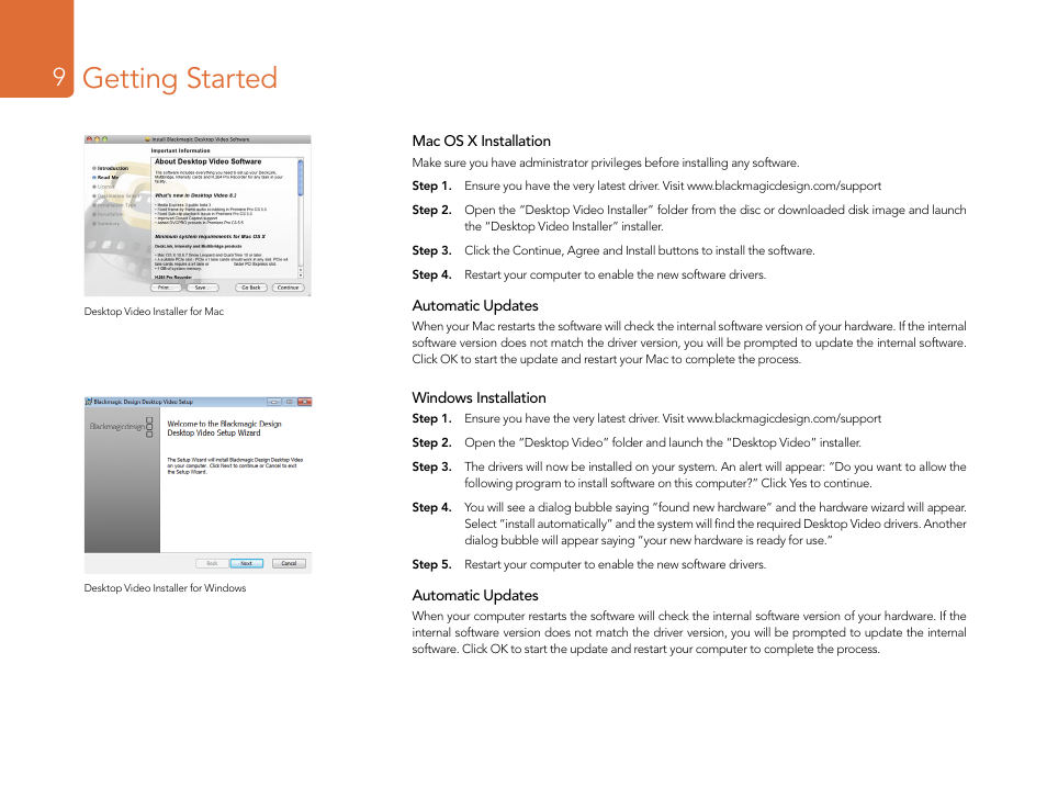 Mac os x installation, Windows installation, Getting started | Blackmagic Design DeckLink Studio 4K Capture & Playback Card User Manual | Page 9 / 295