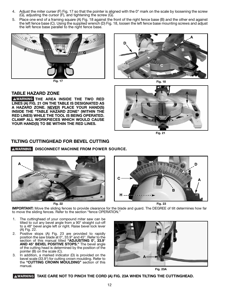 Table hazard zone, Tilting cuttinghead for bevel cutting | Delta 36-412 User Manual | Page 12 / 23