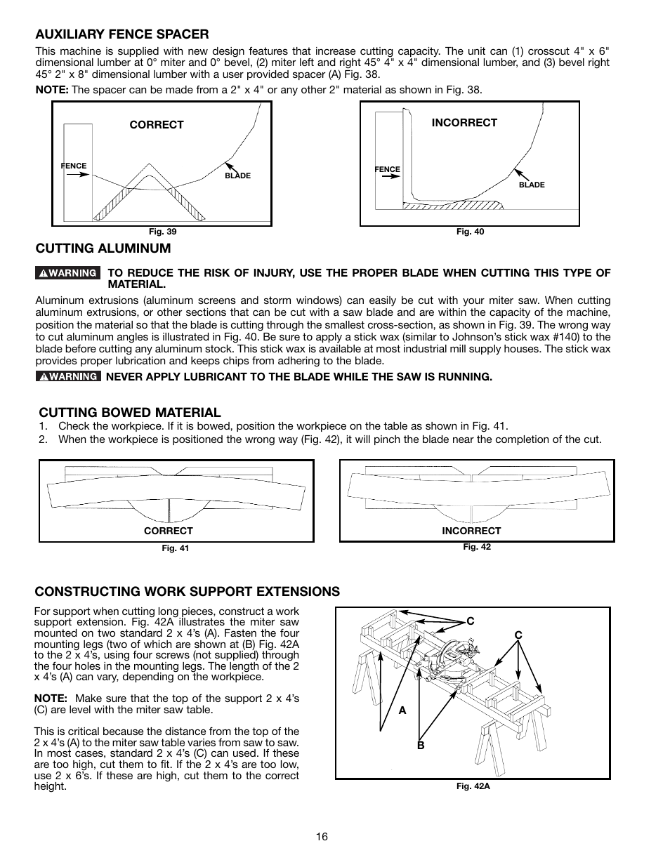 Cutting bowed material, Cutting aluminum, Auxiliary fence spacer | Constructing work support extensions | Delta 36-412 User Manual | Page 16 / 23