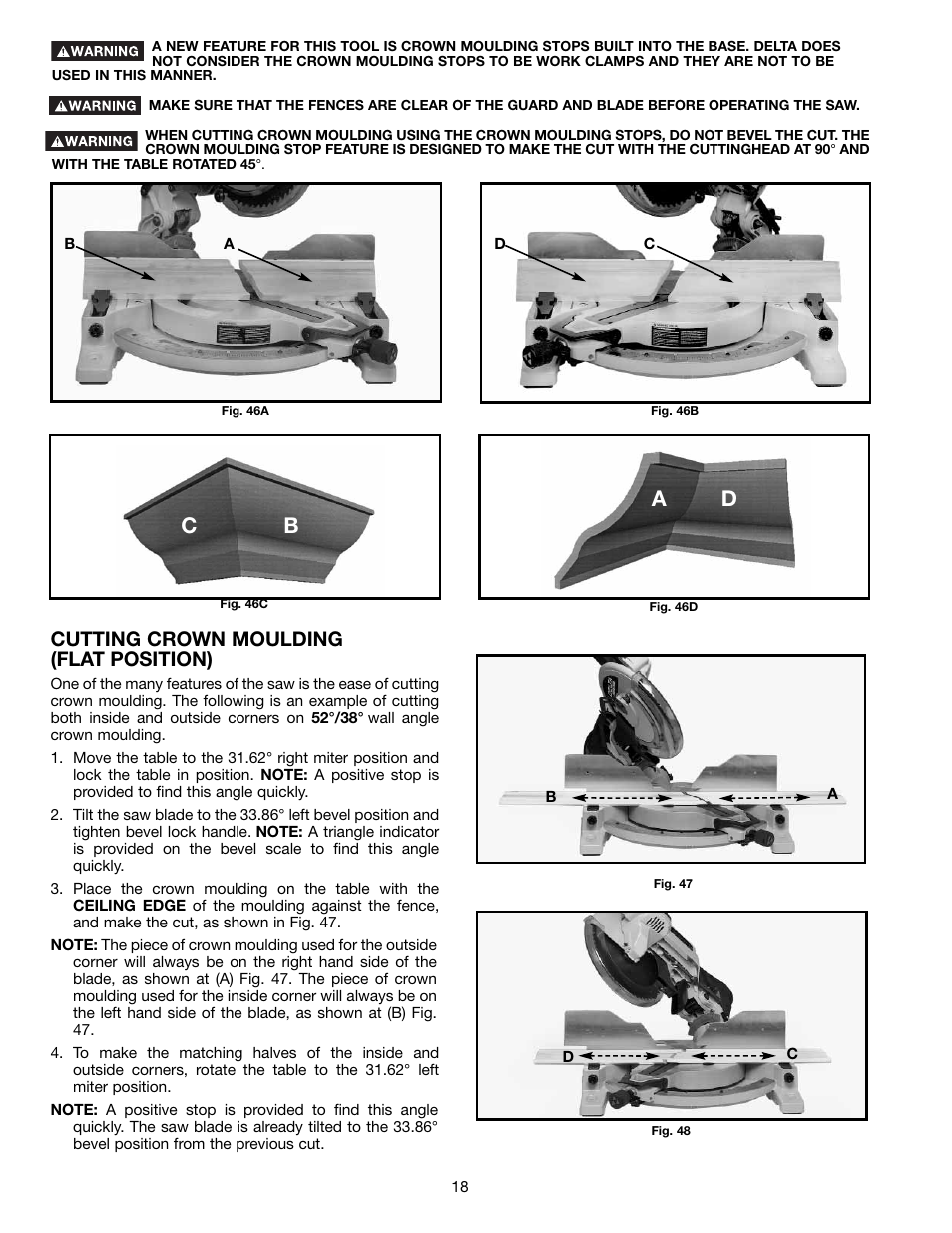 Cb a d, Cutting crown moulding (flat position) | Delta 36-412 User Manual | Page 18 / 23