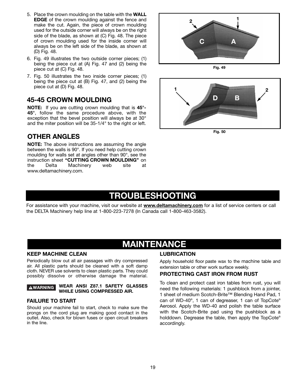 Troubleshooting, Maintenance, 45 crown moulding | Other angles, Ca d b | Delta 36-412 User Manual | Page 19 / 23