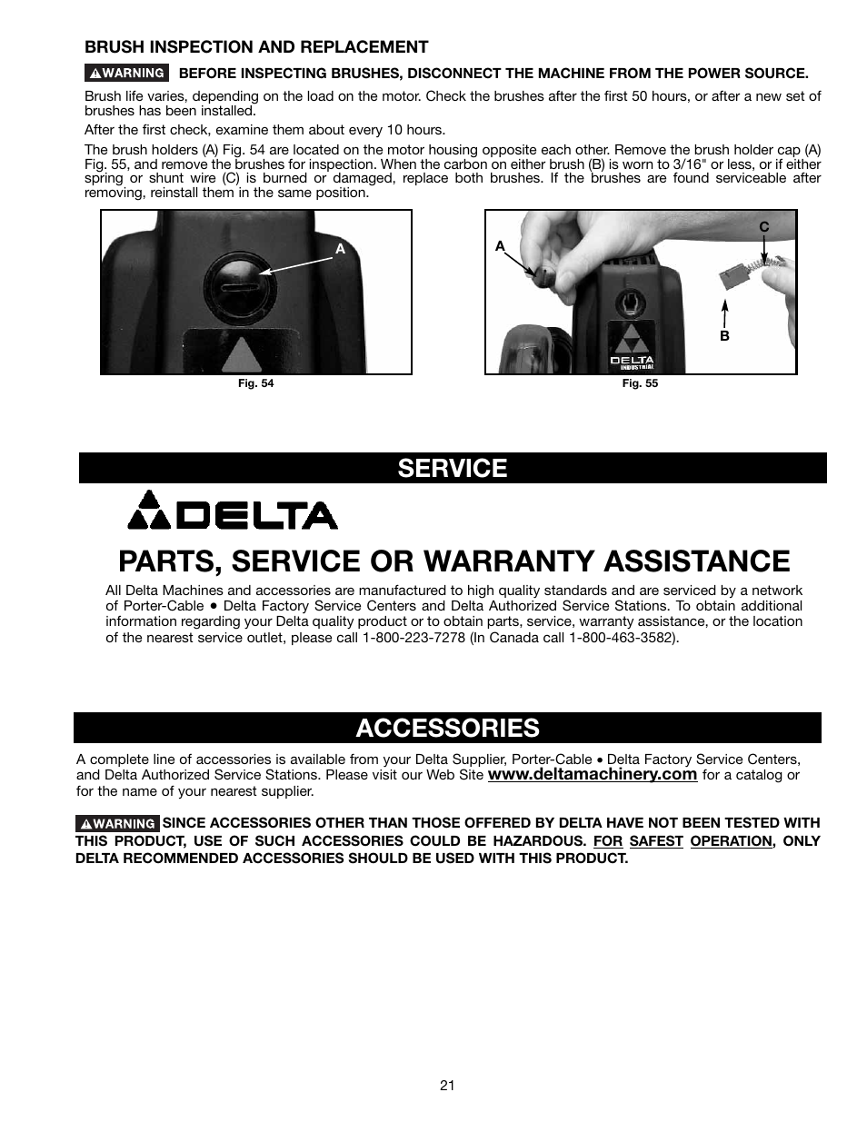 Parts, service or warranty assistance, Accessories service | Delta 36-412 User Manual | Page 21 / 23