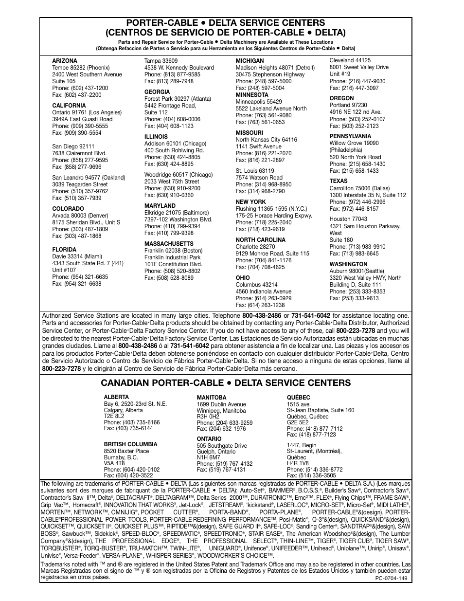 Porter-cable, Delta), Canadian porter-cable | Delta service centers | Delta 36-412 User Manual | Page 23 / 23