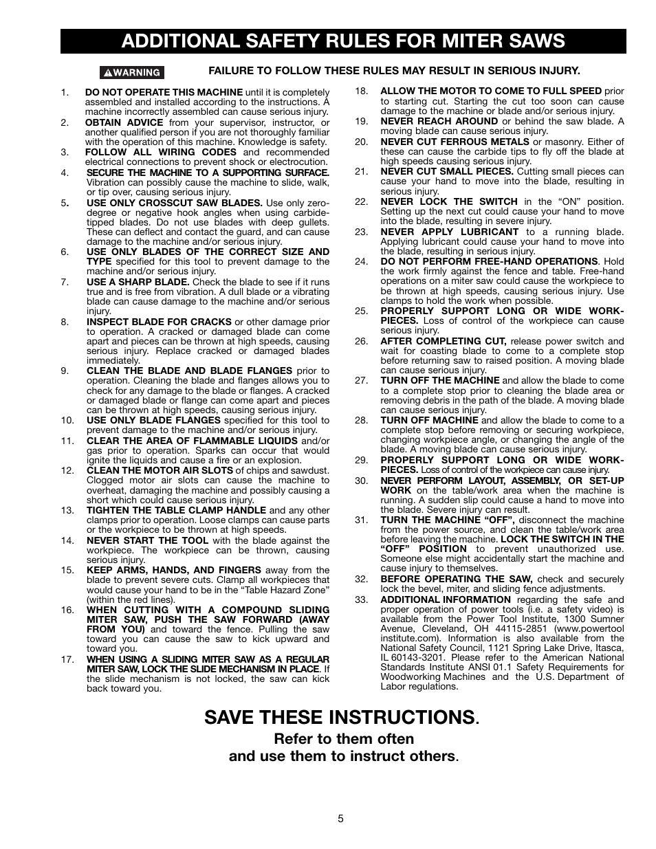 Additional safety rules for miter saws, Save these instructions | Delta 36-412 User Manual | Page 5 / 23