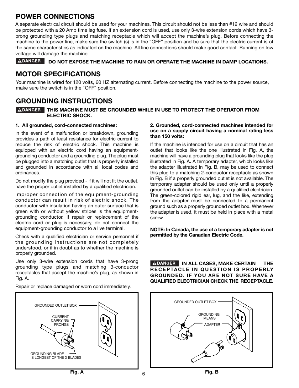 Power connections motor specifications, Grounding instructions | Delta 36-412 User Manual | Page 6 / 23