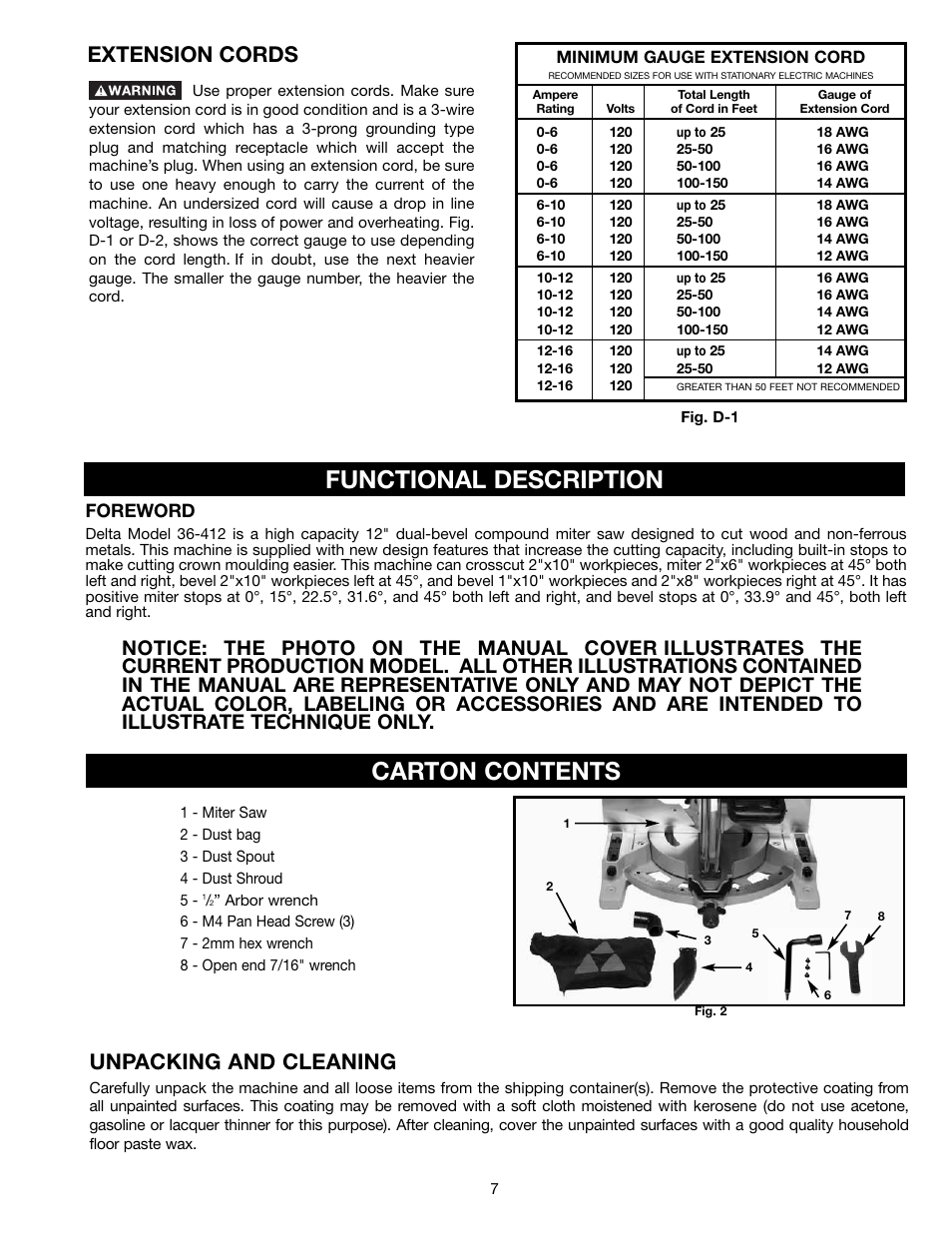 Functional description carton contents, Extension cords, Unpacking and cleaning | Foreword | Delta 36-412 User Manual | Page 7 / 23