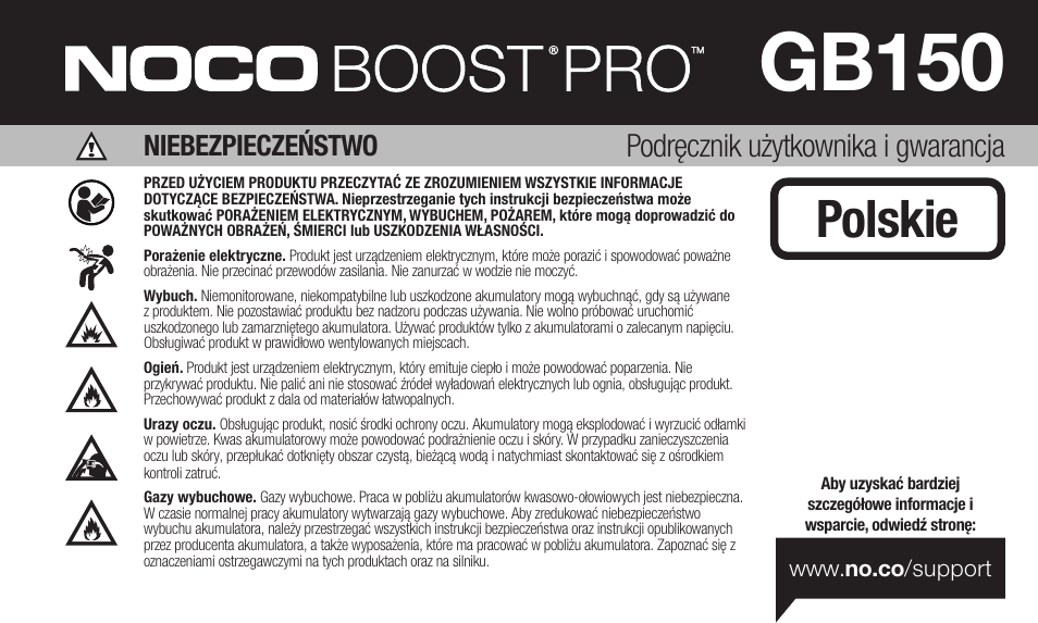 Gb150, Polskie, Podręcznik użytkownika i gwarancja | Niebezpieczeństwo | NOCO Genius Boost 3000 Amp UltraSafe Jump Starter & Power Pack User Manual | Page 105 / 274