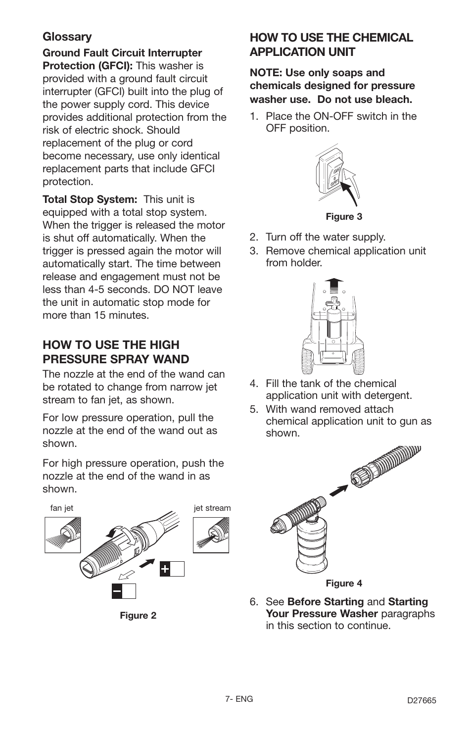 How to use the chemical application unit, How to use the high pressure spray wand, Glossary | Delta D1600e User Manual | Page 7 / 14