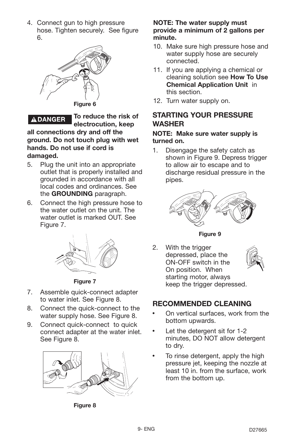 Starting your pressure washer, Recommended cleaning | Delta D1600e User Manual | Page 9 / 14