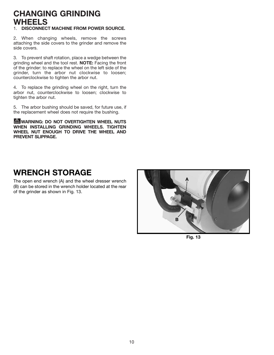 Changing grinding wheels, Wrench storage | Delta SHOPMASTER GR250 User Manual | Page 10 / 12